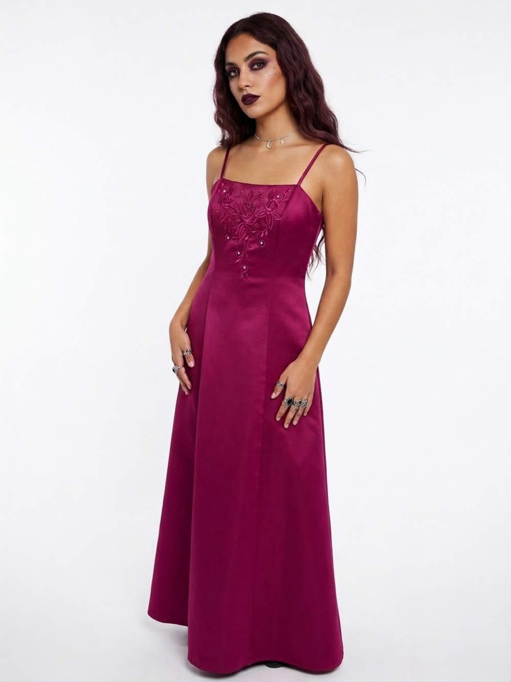 Y2K Whimsigoth Magenta Satin Maxi Dress Prom Glam Gala Vampirecore Witchy Baddie